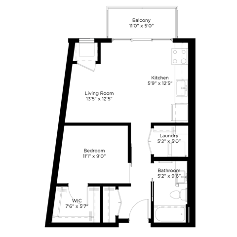 Floor plan for 1 bed, 1 bath, 591 sqft